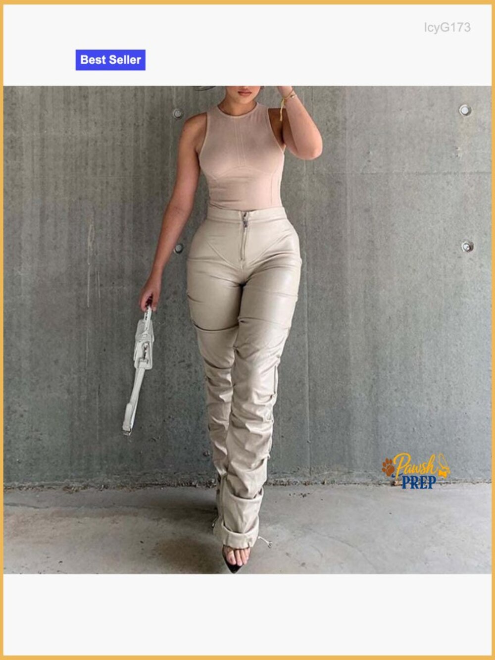 High Waist Faux Leather Pleated Stacked Leggings Y2K Streetwear Pants - Picture 4 of 5
